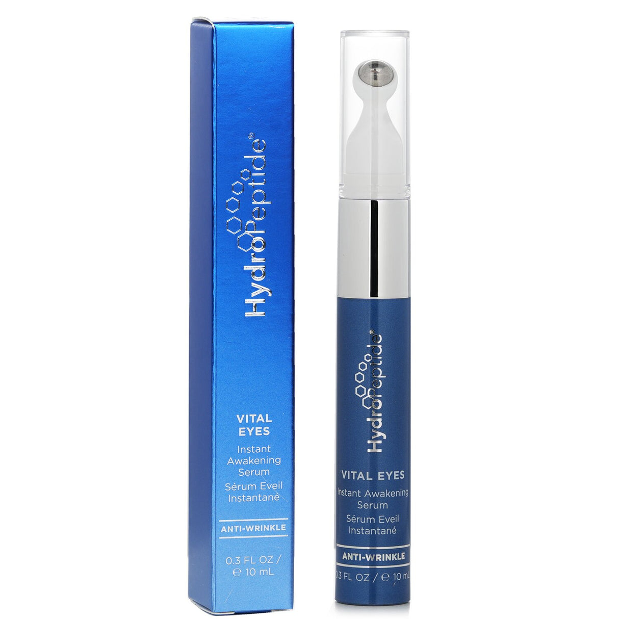 HydroPeptide Vital Eyes Serum in a 10ml bottle with cooling rollerball, combats puffiness, fine lines, and dark circles.