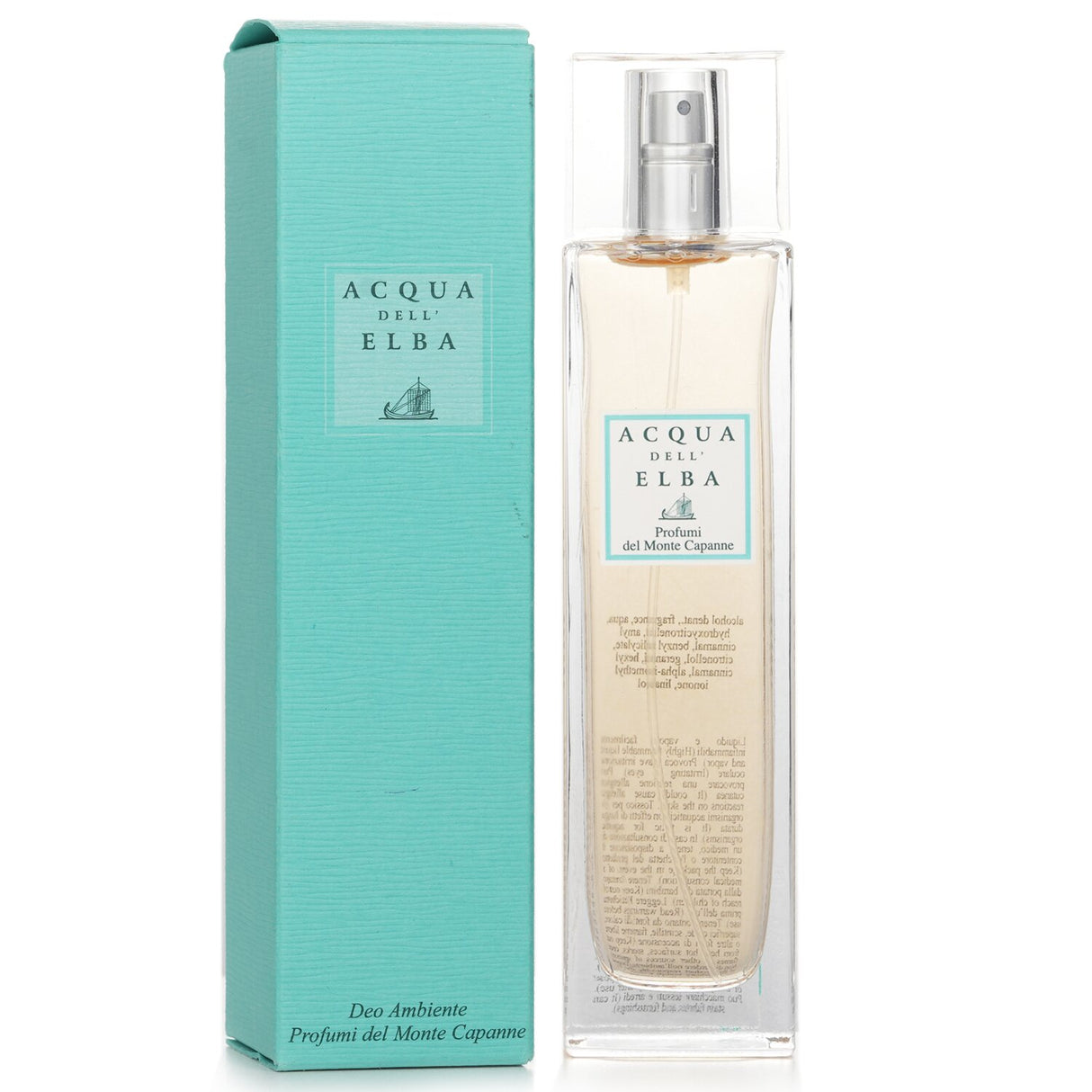Luxurious Acqua Dell'Elba room spray with floral and woody notes, creating a serene Mediterranean ambiance in any space.