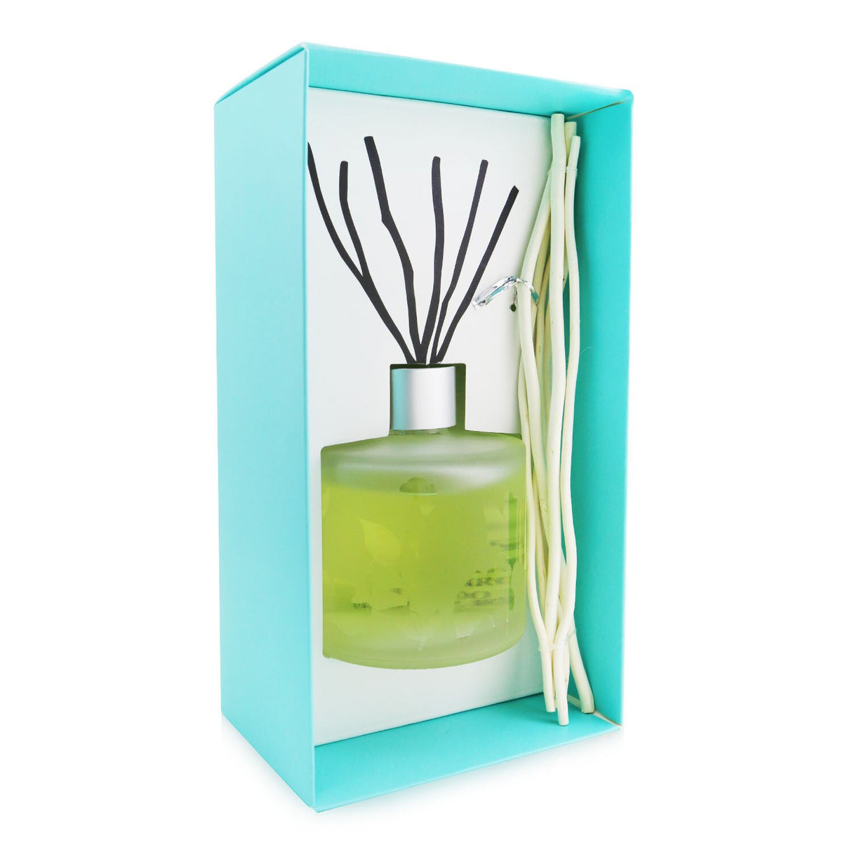 Frosted glass aroma diffuser with eucalyptus and cedar essential oils, includes six willow sticks for 6-8 weeks of fragrance.