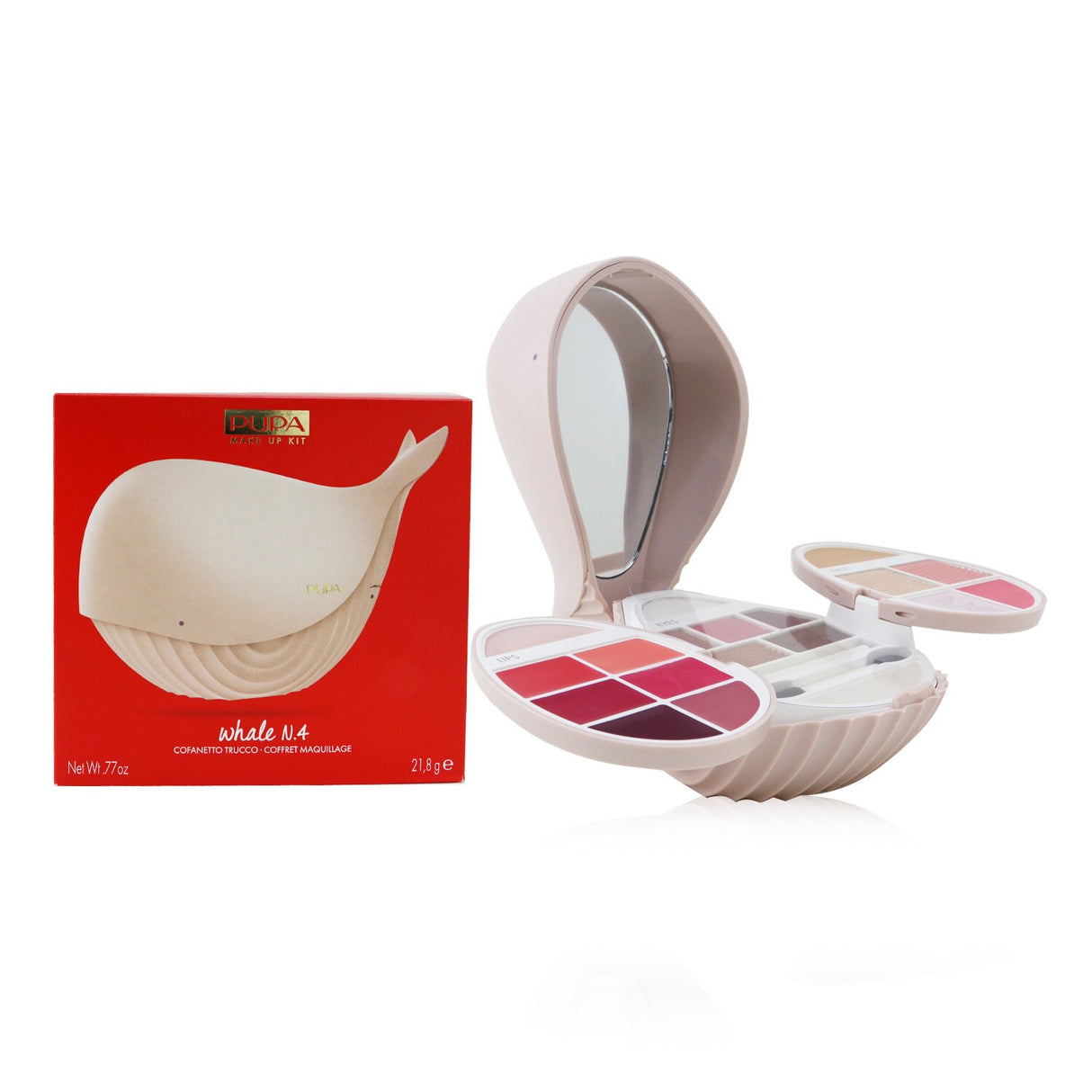 All-in-one Pupa Whale N.4 Kit #003 with concealer, blushes, highlighters, eyeshadows, eye pencil, and lip creams for versatile looks.