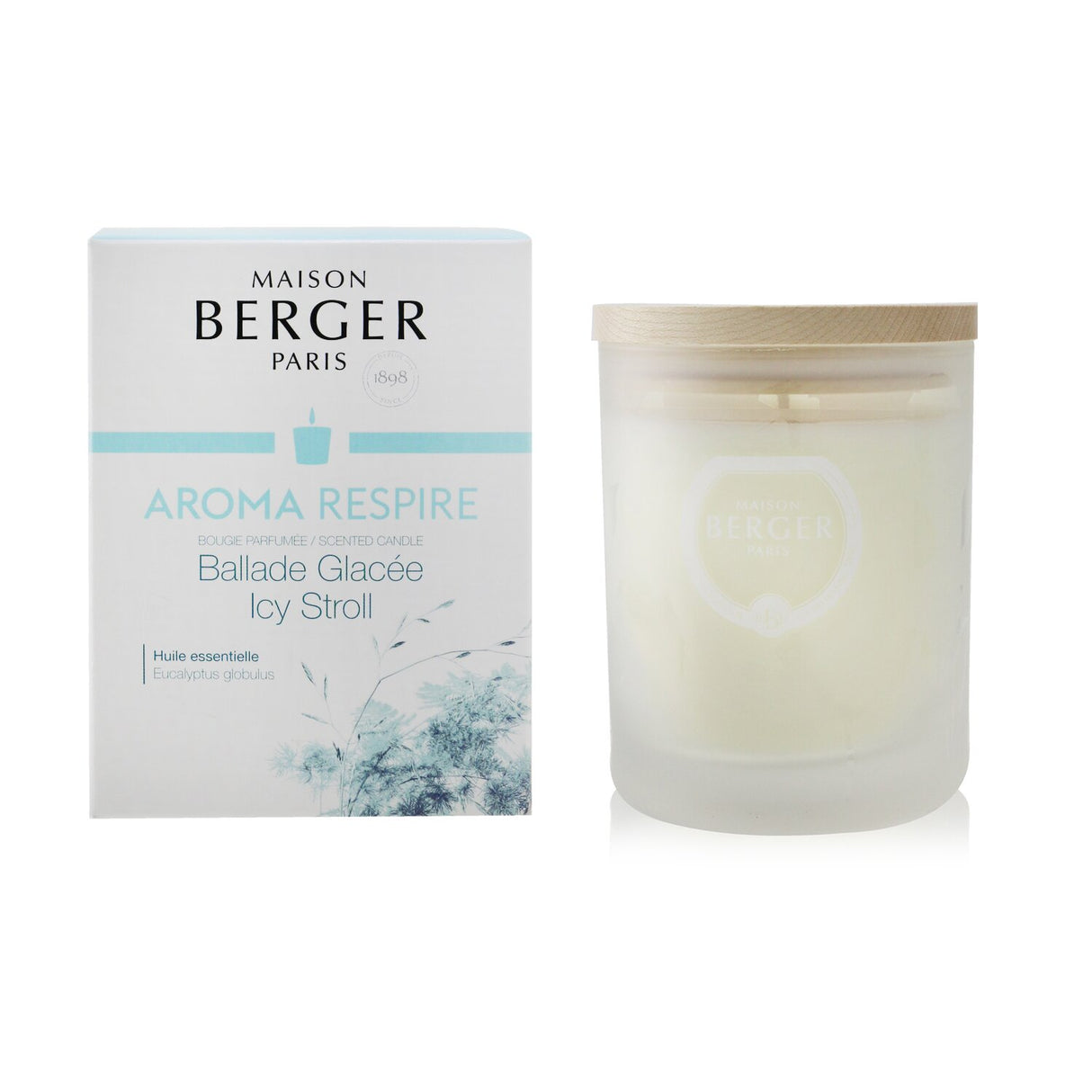 Aroma Respire scented candle in frosted glass, with Eucalyptus and Peppermint essential oils for a refreshing, calming ambiance.