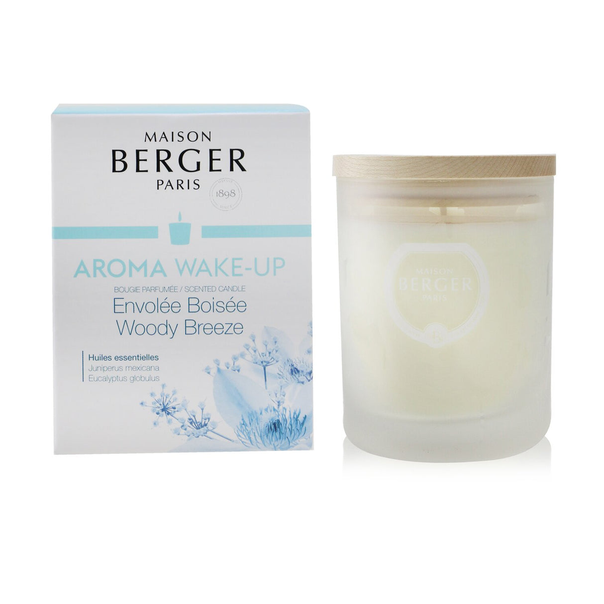 Aromatic Lampe Berger scented candle in frosted glass, infused with eucalyptus and cedar for a refreshing, invigorating atmosphere.