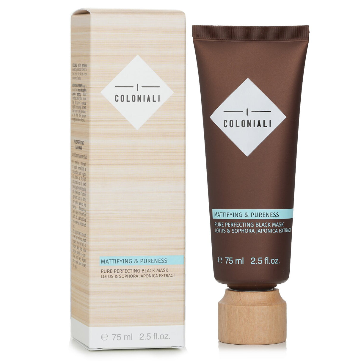 I Coloniali Pure Perfecting Black Mask with Black Clay, Lotus, and Salicylic Acid for detoxifying and brightening skin.