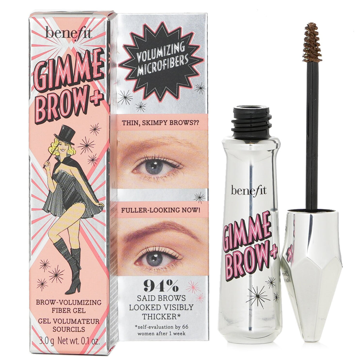 Benefit Gimme Brow+ Volumizing Fiber Gel in Warm Golden Blonde for fuller, natural-looking brows with a easy application brush.