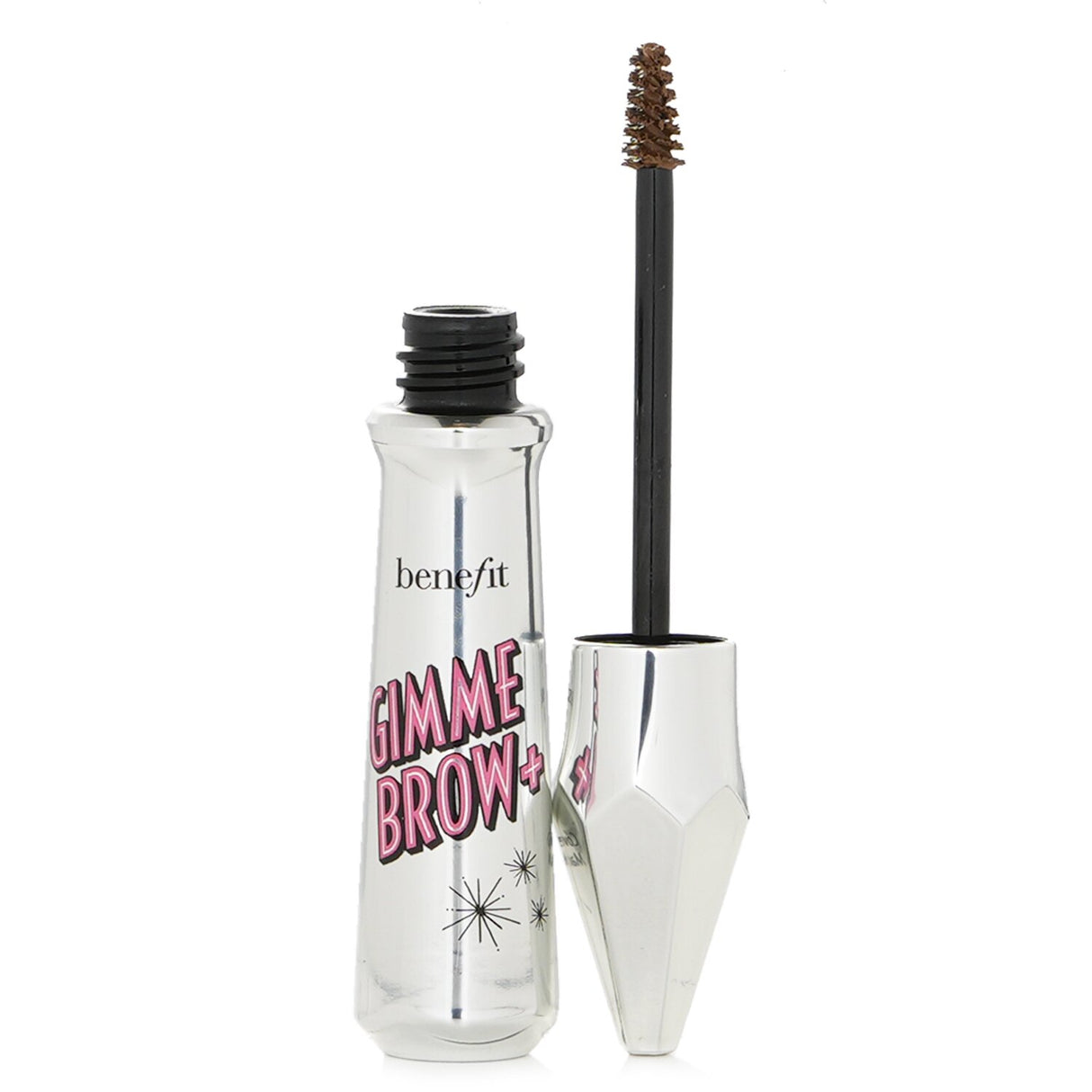 Benefit Gimme Brow+ Volumizing Fiber Gel in #2 Warm Golden Blonde, enhances brows with water-resistant, buildable formula and tapered brush.