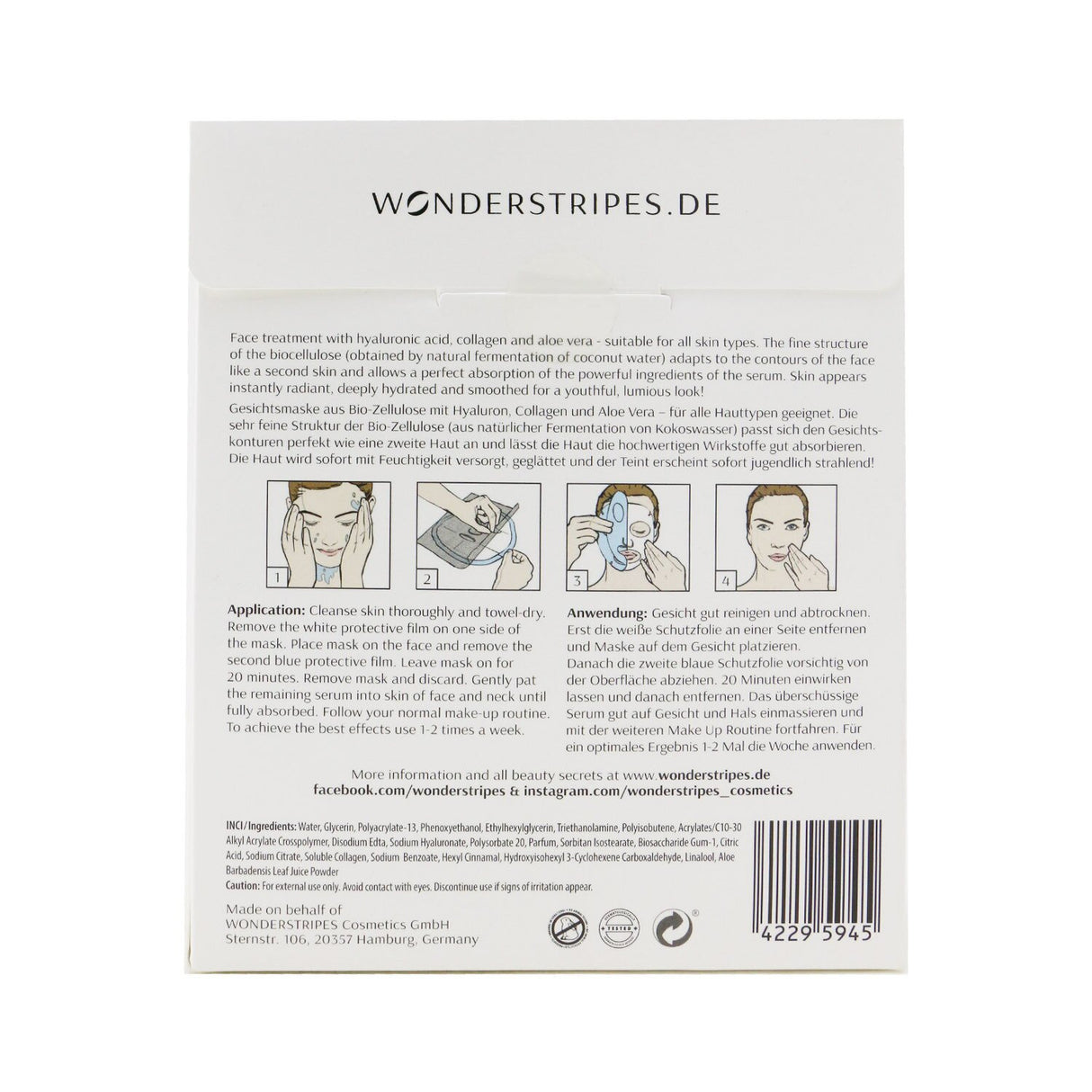 WONDERSTRIPES biocellulose face masks in a pack of 5 for deep hydration, anti-aging benefits, and a second-skin fit.