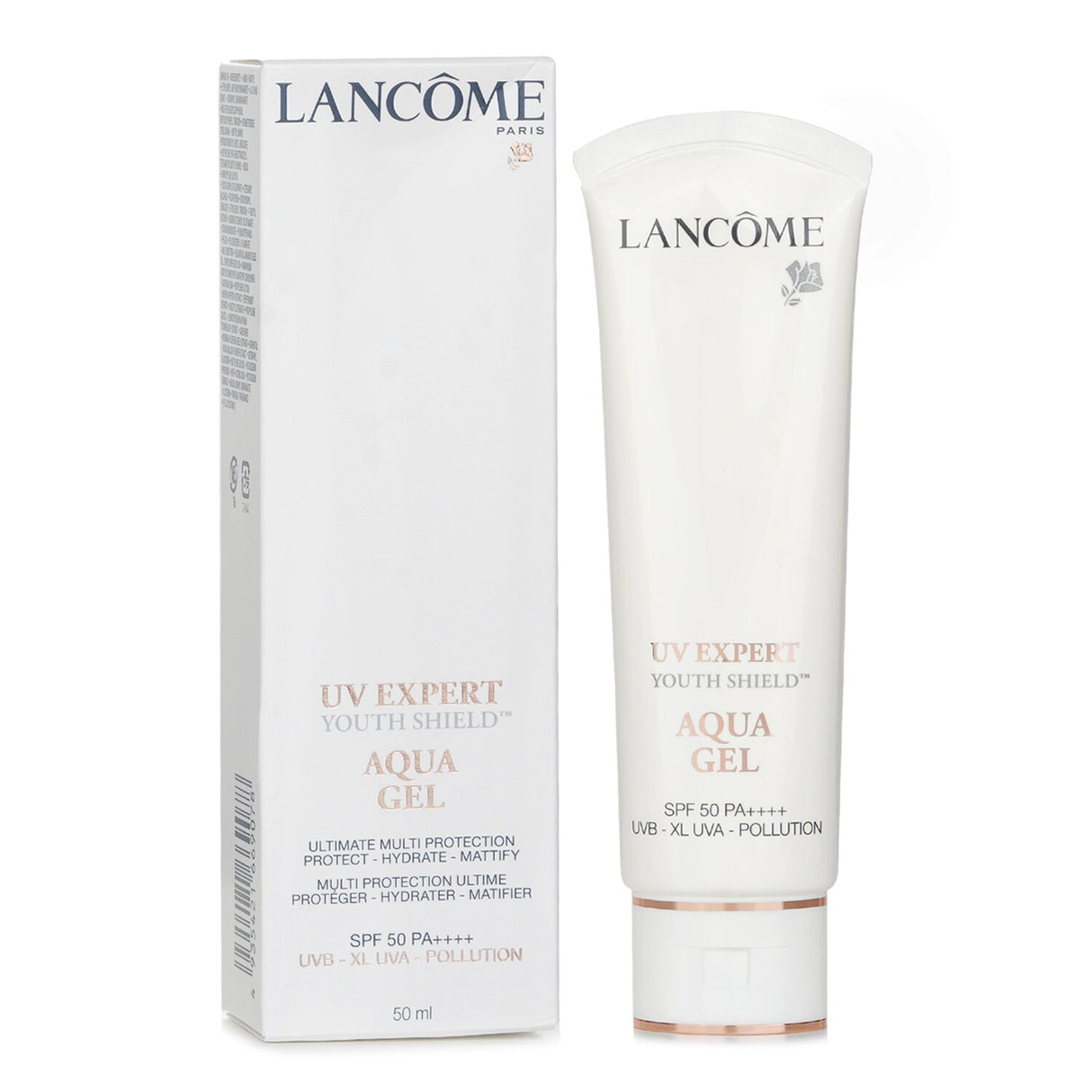 Lightweight Lancome UV Expert Aqua Gel SPF 50 in 50ml, ideal for hydration and UV protection in hot weather.