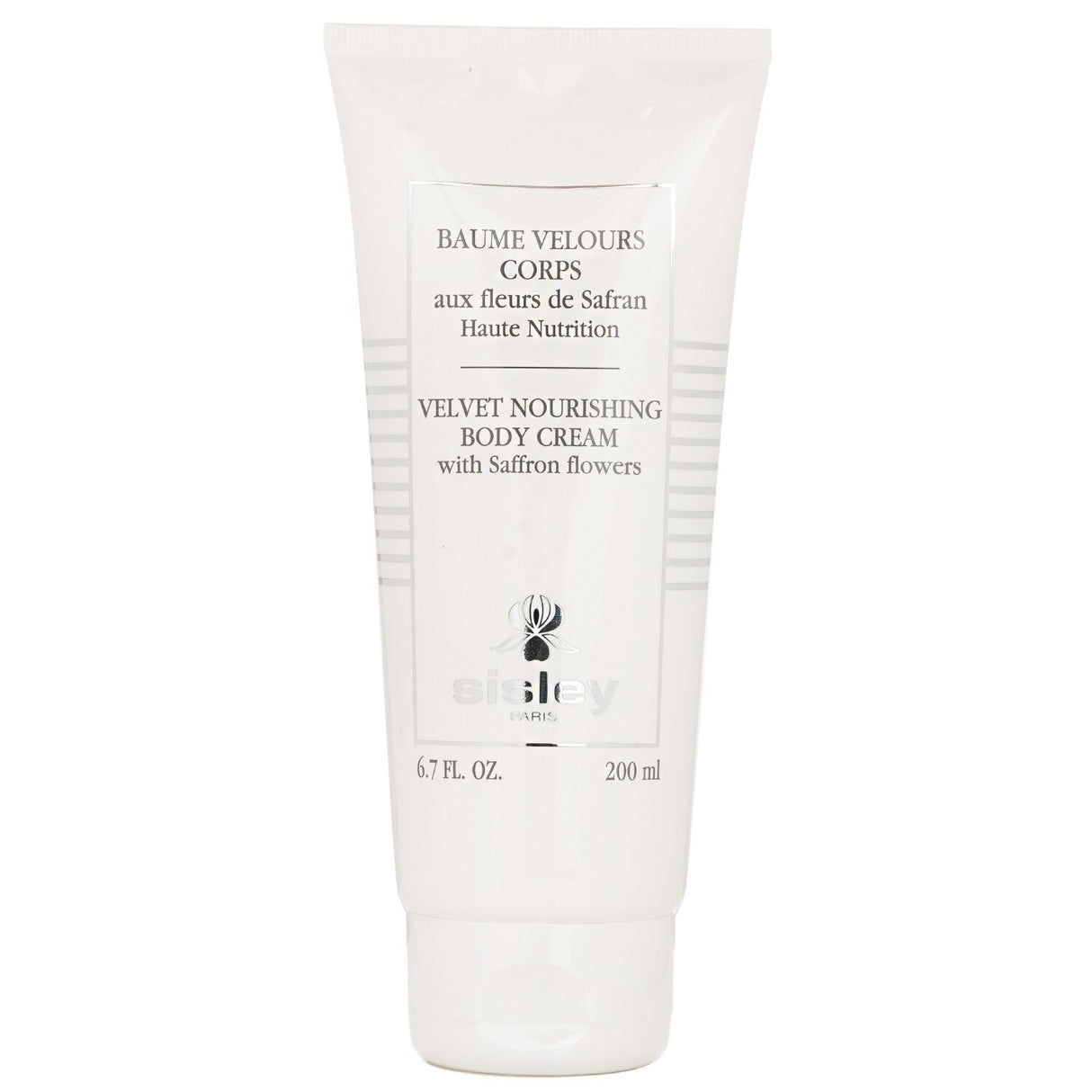 Luxurious Sisley Velvet Nourishing Body Cream with Saffron Flowers in a 200ml jar, hydrating and soothing dry skin.