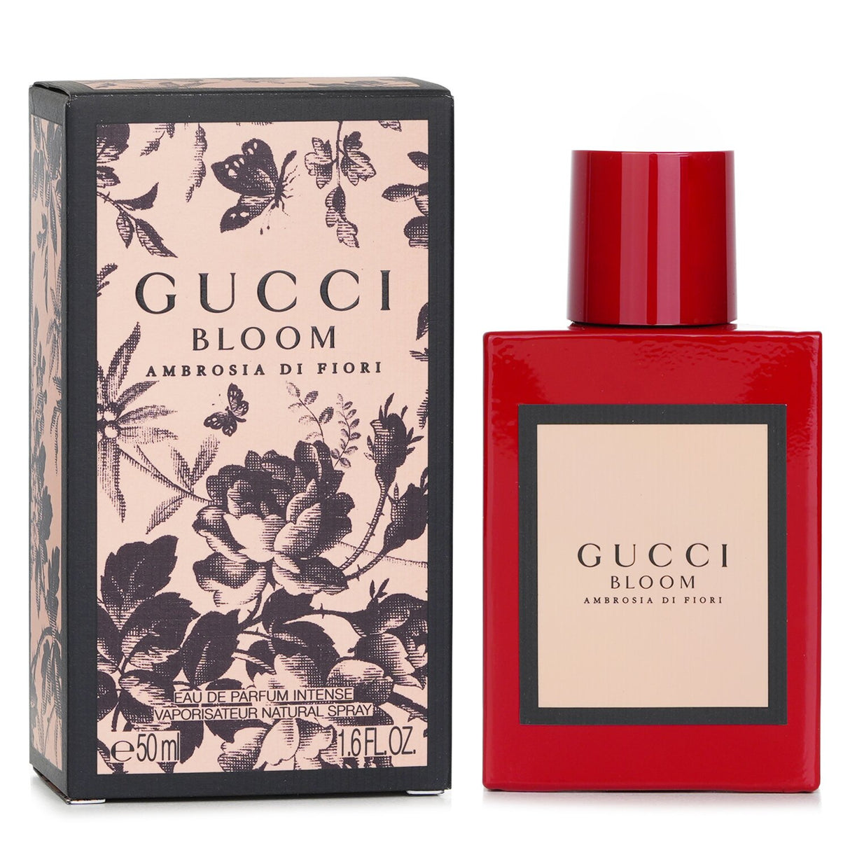Gucci Bloom Ambrosia Di Fiori Eau De Parfum Intense Spray in a 50ml bottle, featuring enchanting floral notes for modern women.