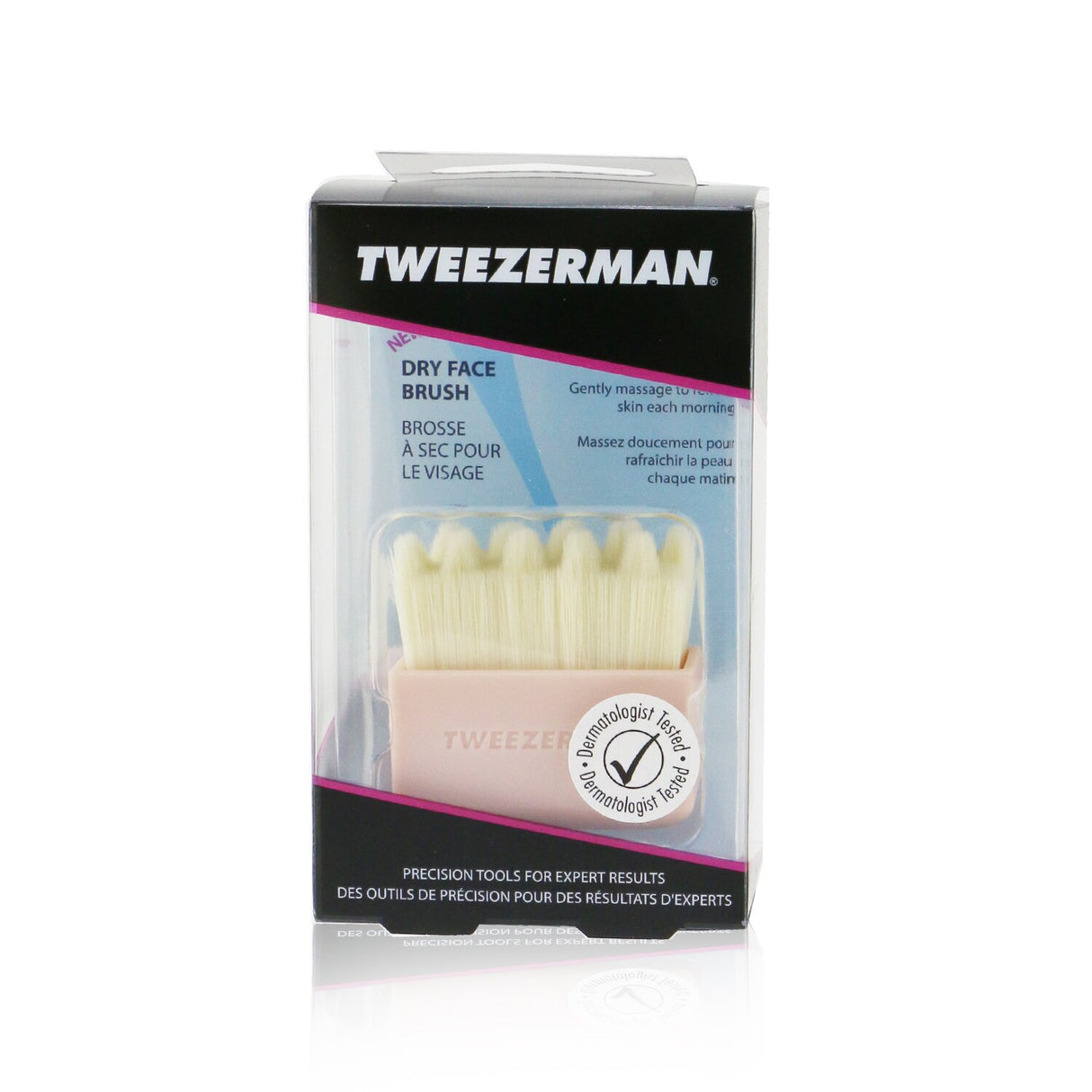 Tweezerman Dry Face Brush with soft bristles, infused with green tea for gentle exfoliation and improved skin circulation.