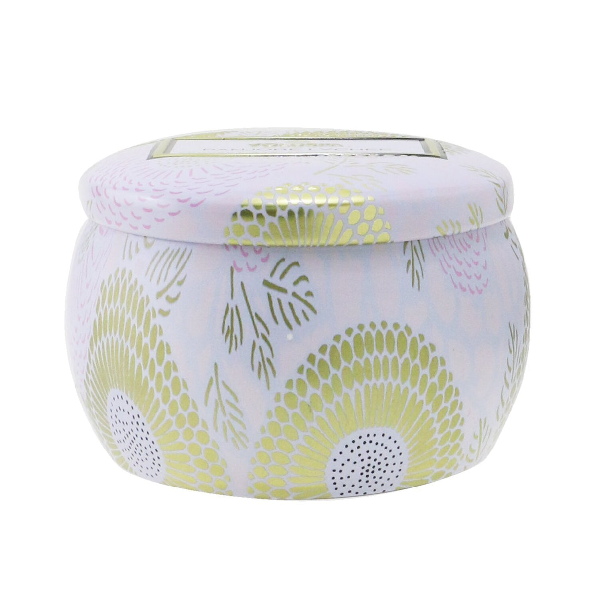 Decorative Voluspa Mini Tin Candle featuring Panjore Lychee scent in an ornate, Japanese-inspired tin with a 25-hour burn time.