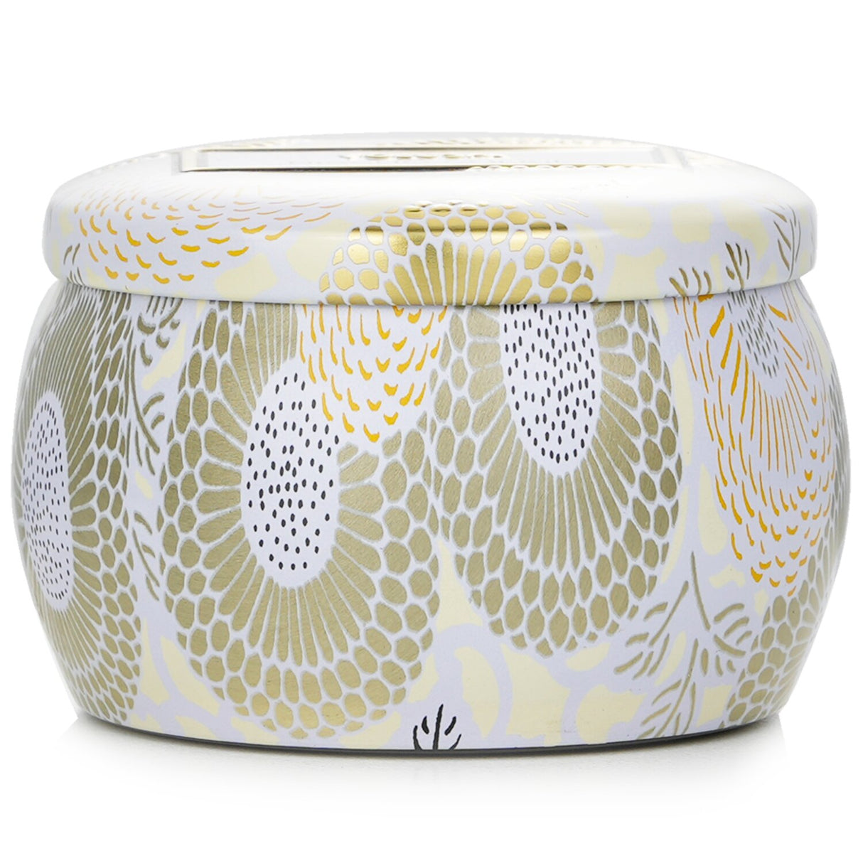 Voluspa Mini Tin Candle in Nissho Soleil with ornate Japanese design, coconut wax blend, and 25-hour burn time.