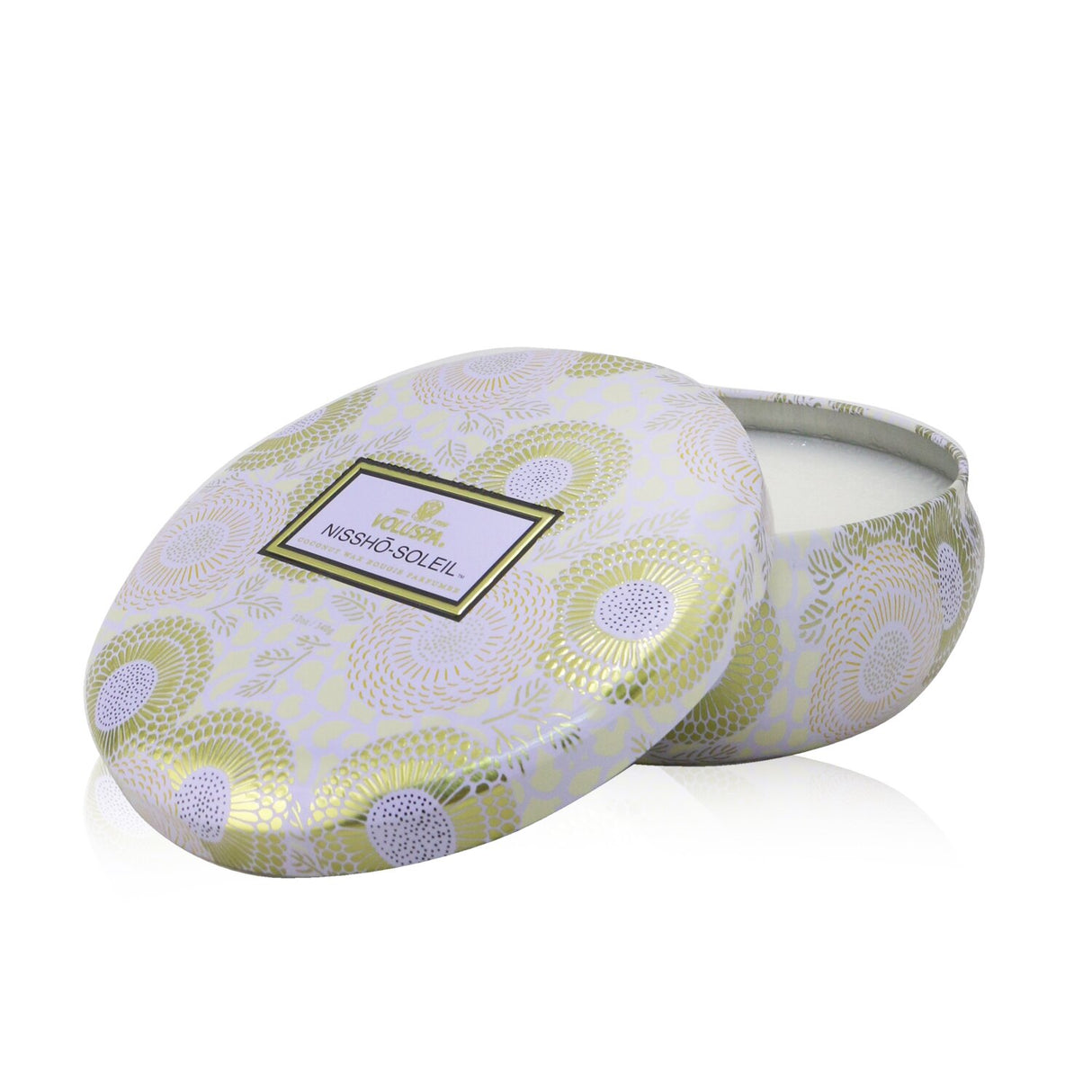 Voluspa 3 Wick Decorative Tin Candle in Nissho Soleil, featuring a coconut wax blend, vibrant metallic tin, and inviting fragrance.
