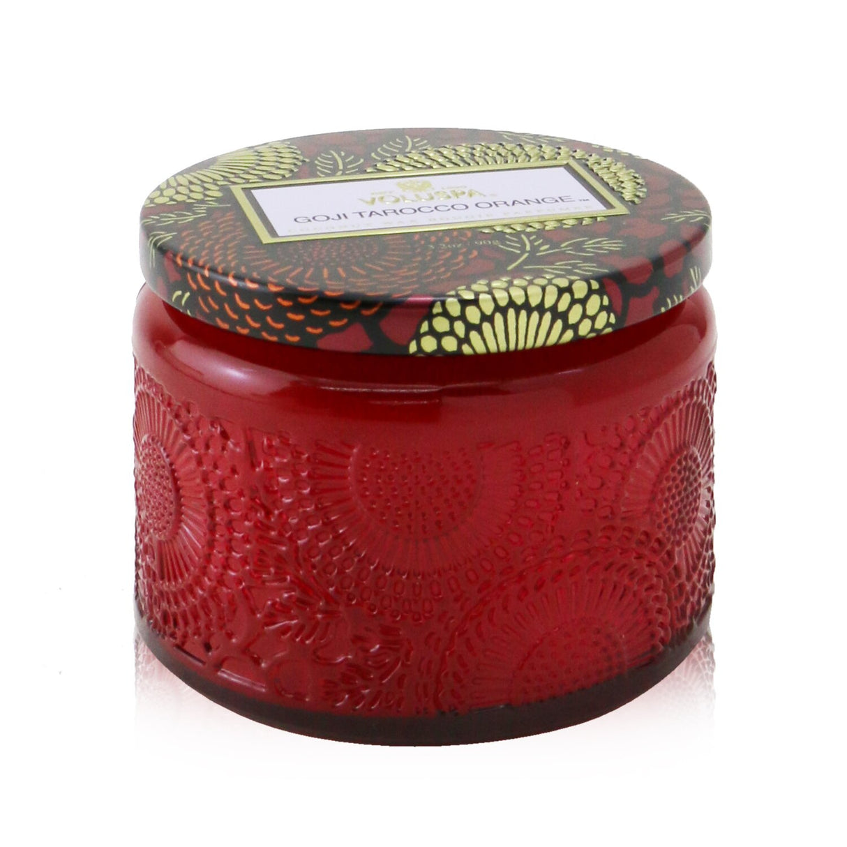 A petite jar candle with Goji and Tarocco Orange scents, eco-friendly coconut wax, and ornate Japanese-inspired design.