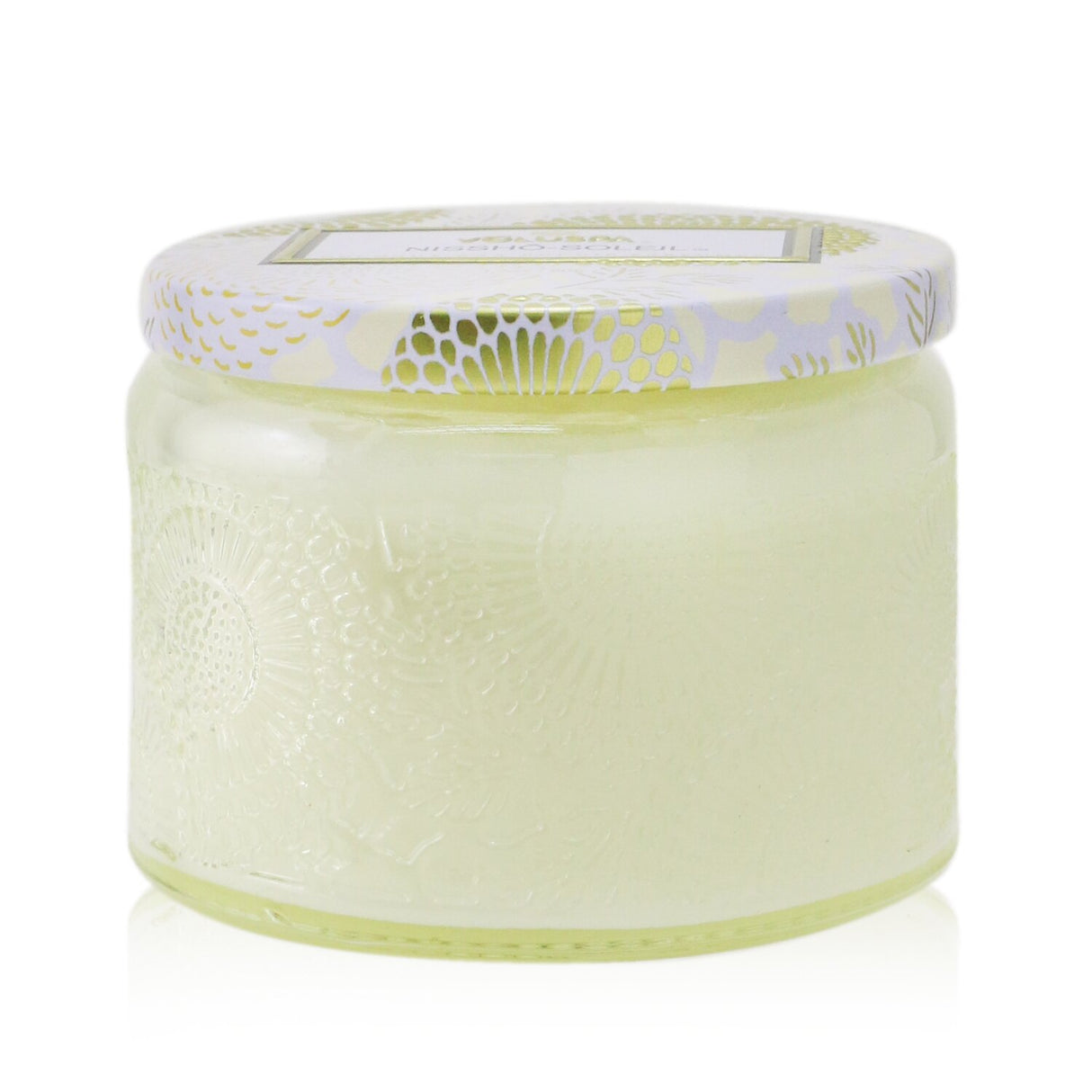 Voluspa Petite Jar Candle in Nissho Solei, 90g, features coconut wax, natural wicks, and a chic Japanese-inspired design.