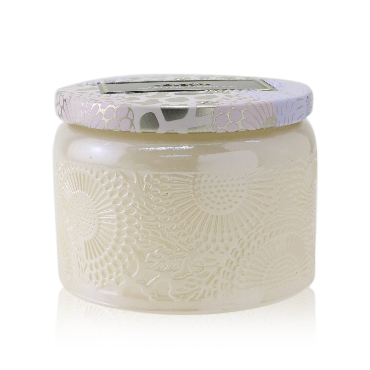 Voluspa Petite Jar Candle in Santal Vanille, featuring a sandalwood and vanilla scent in a decorative jar with lid.