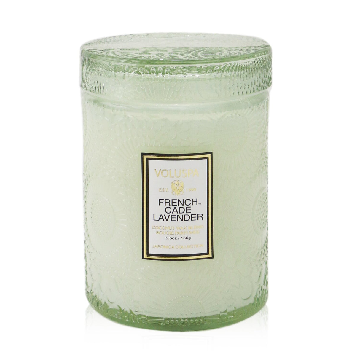 Voluspa small jar candle in French Cade Lavender, featuring a chic glass container and a soothing aromatic blend for serene ambiance.
