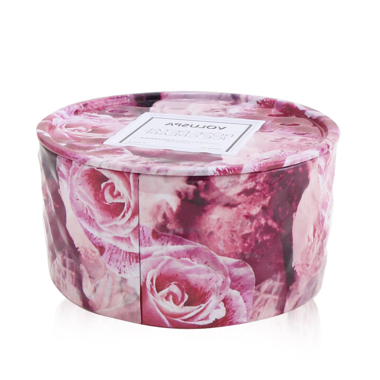 Voluspa 2 Wick Tin Candle in Rose Petal Ice Cream: eco-friendly, floral-sweet fragrance, embossed tin with a practical lid.