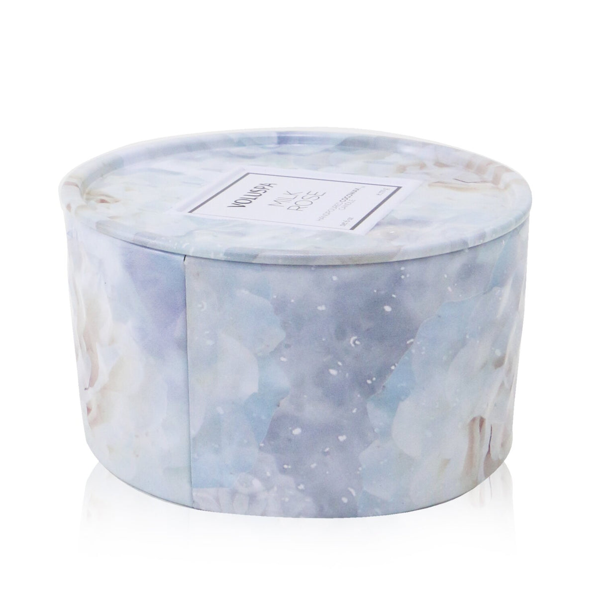 Voluspa 2 Wick Tin Candle in Milk Rose with a geometric tin design, offering a creamy rose scent and 25-hour burn time.