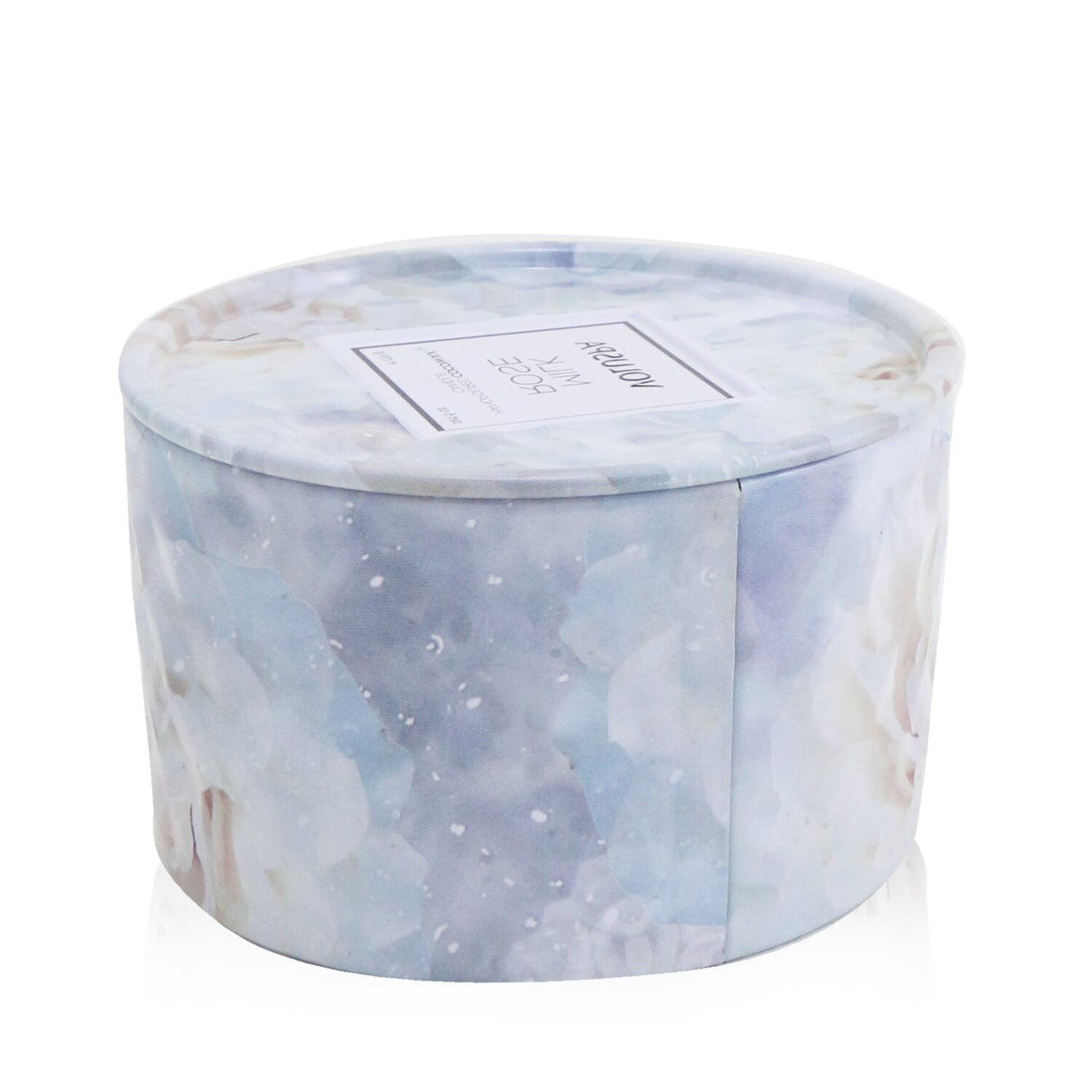 Voluspa Milk Rose candle in an elegant tin, featuring 2 wicks, fragrant rose and milk blend, and a 25-hour burn time.