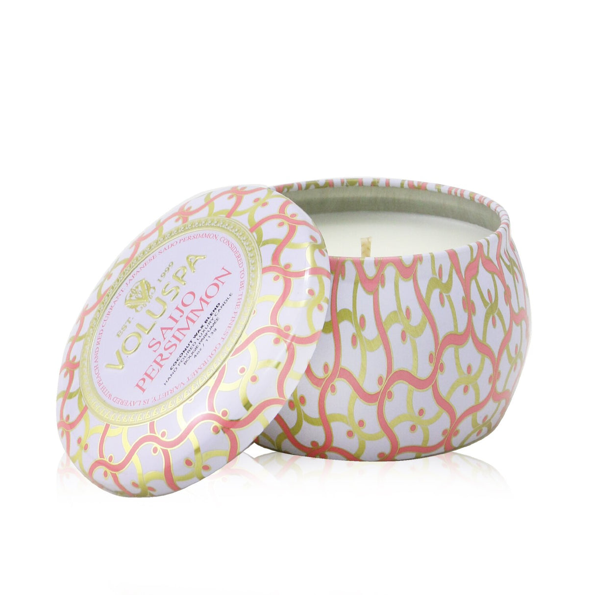 Voluspa Mini Tin Candle in Saijo Persimmon, 113g, features a vibrant tin, natural wicks, and a lush coconut wax blend fragrance.