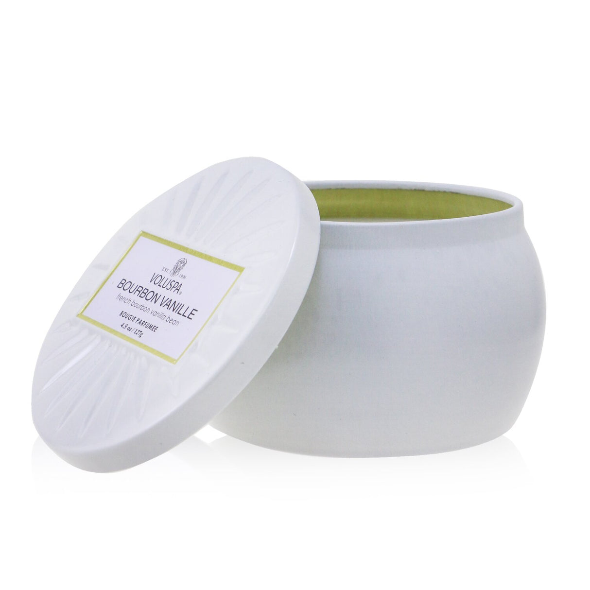 Voluspa Mini Tin Candle in Bourbon Vanille, featuring a coconut wax blend, natural wicks, and decorative Japanese-inspired tin.