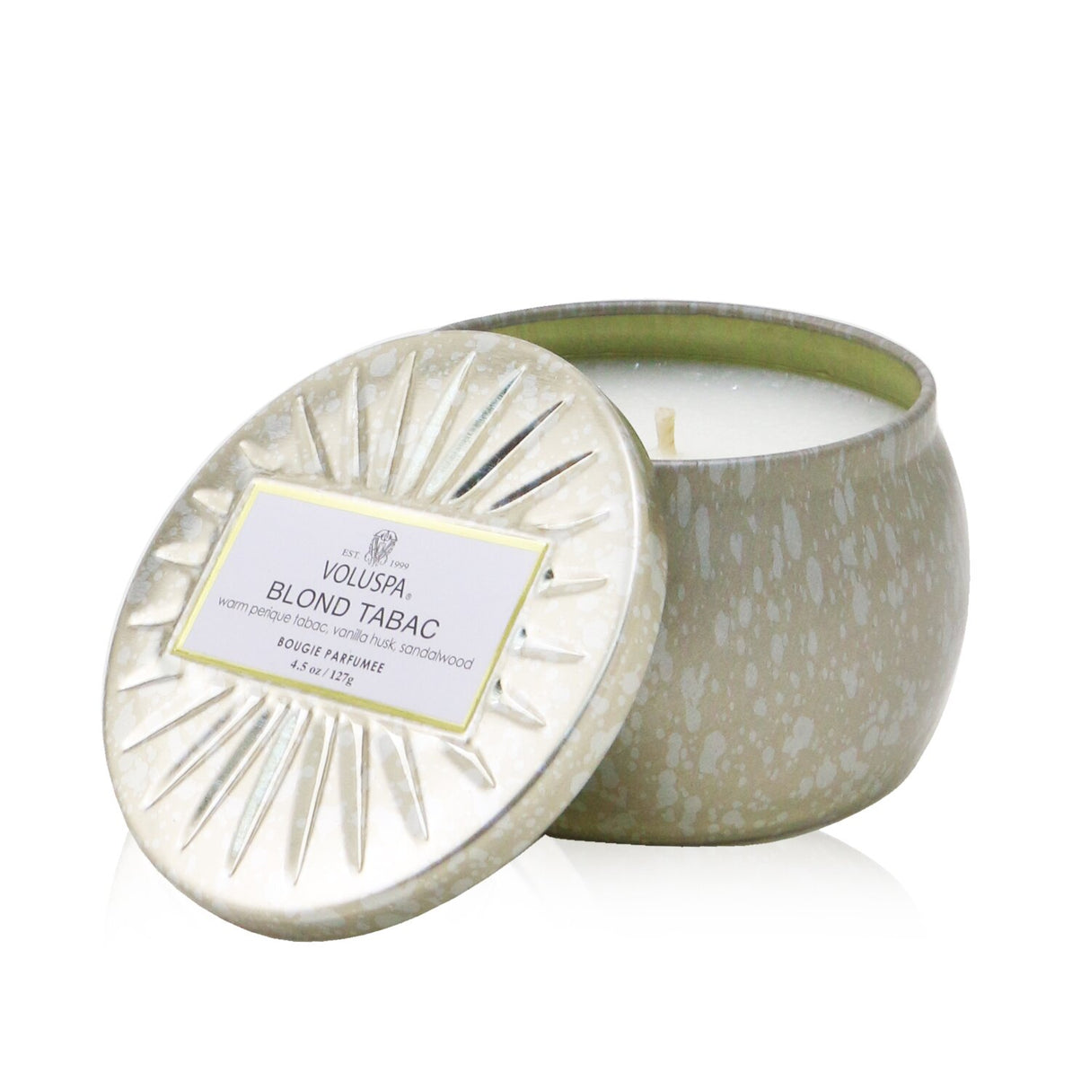 Decorative Voluspa Mini Tin Candle in Blond Tabac with creamy tobacco and spice scent, housed in an ornate tin for 25 hours of burn.