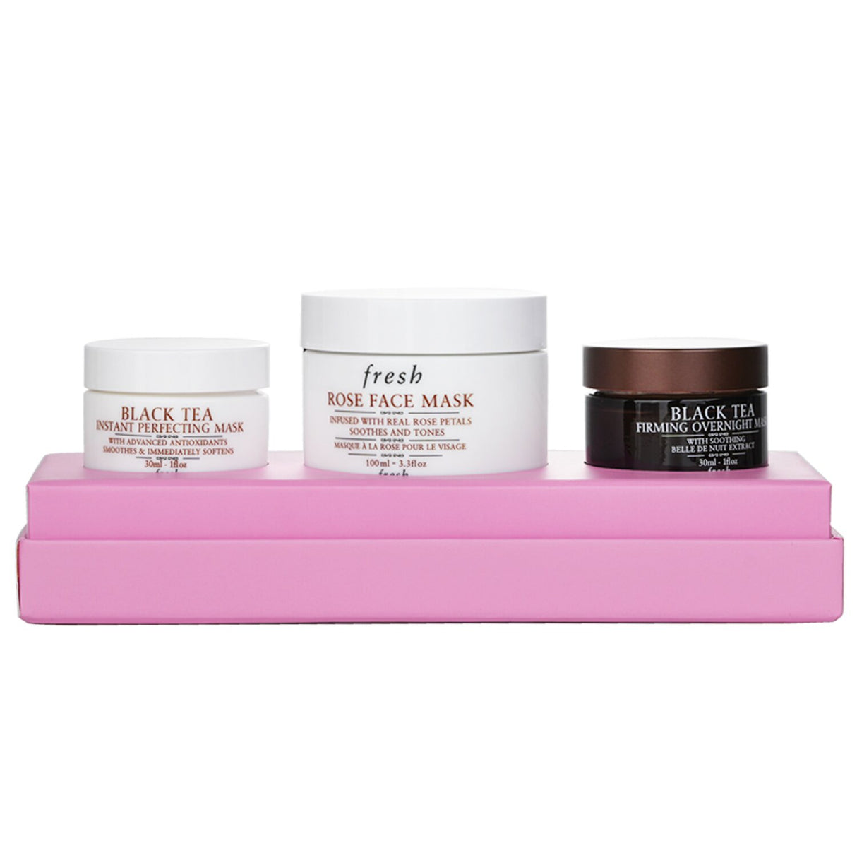 "Fresh Face Mask Set featuring Rose, Black Tea Firming, and Instant Perfecting Masks for vibrant, hydrated skin."