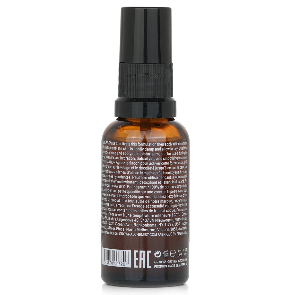 Grown Alchemist Anti-Pollution Mist in a 30ml bottle, designed to shield skin from pollution and hydrate deeply.