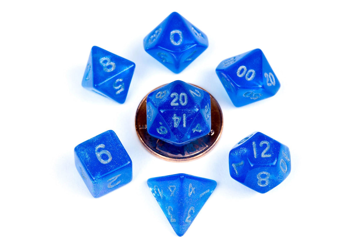 Fanroll: 10mm Mini Polyhedral Dice set: Stardust Blue w/ Silver Numbers