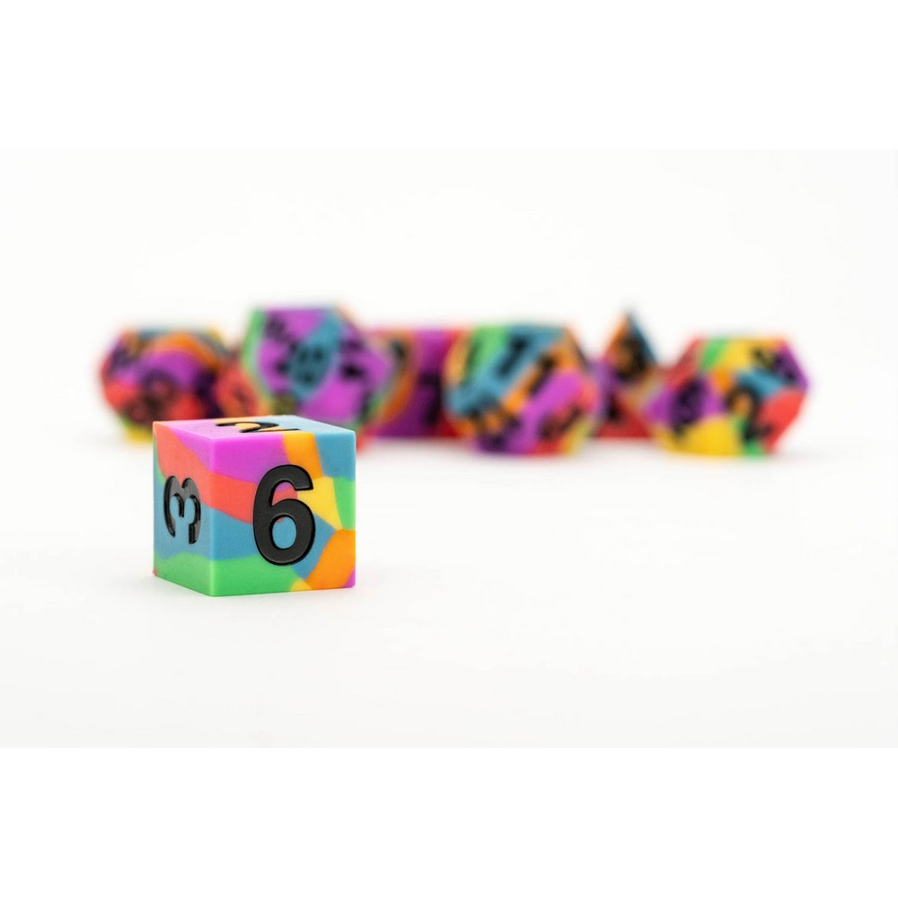 Fanroll: 16mm Pride Sharp Edge Silicone Rubber Poly Dice Set: Rainbow Flag
