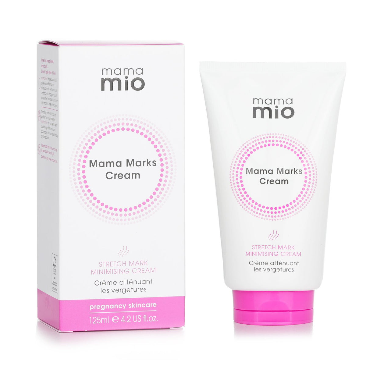 Mama Mio Mama Marks Cream in a 125ml tube, a vegan stretch mark minimising cream with peptides and a citrus scent.