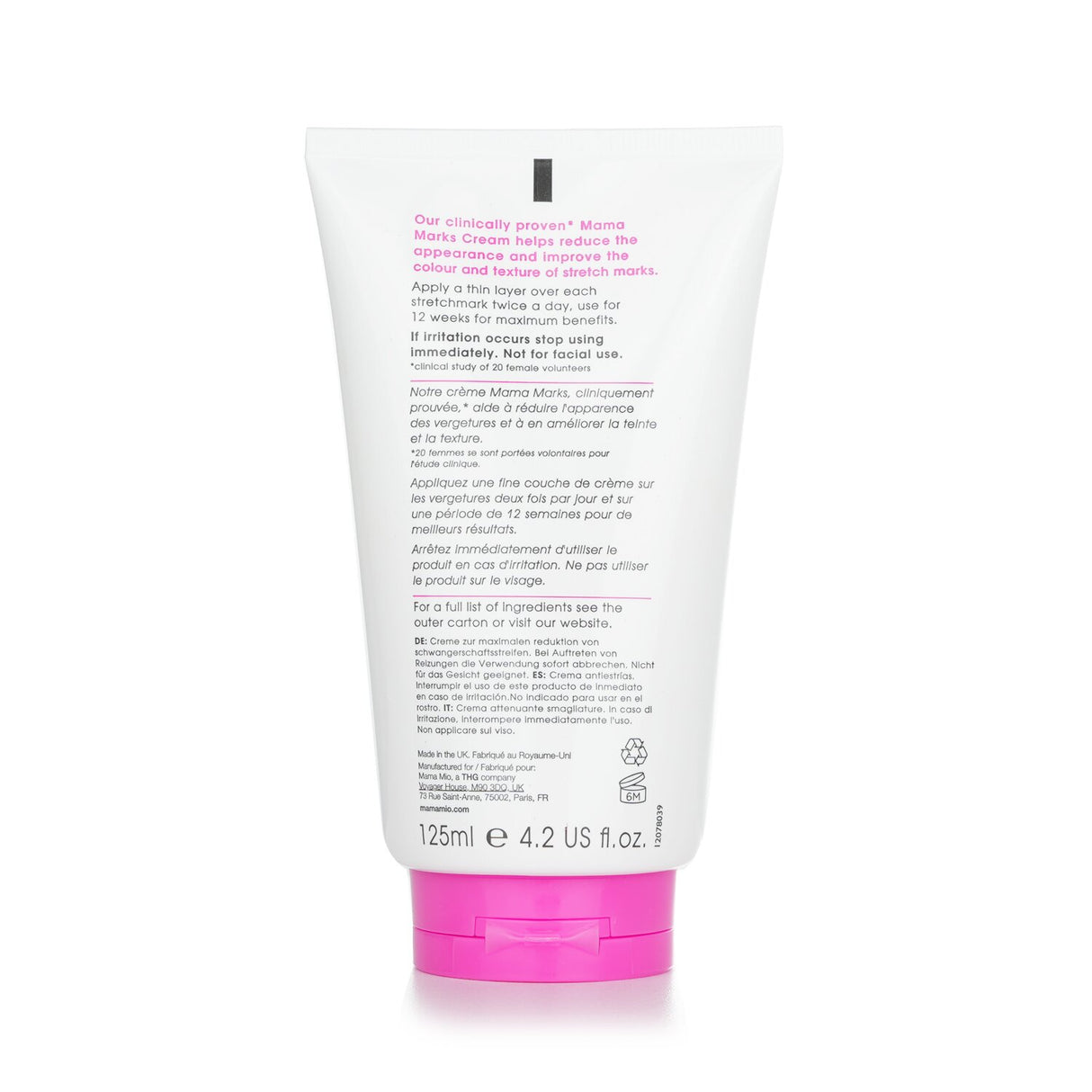 Mama Mio Mama Marks Cream in 125ml, a stretch mark minimiser with peptides, natural oils, and citrus fragrance for smooth skin.