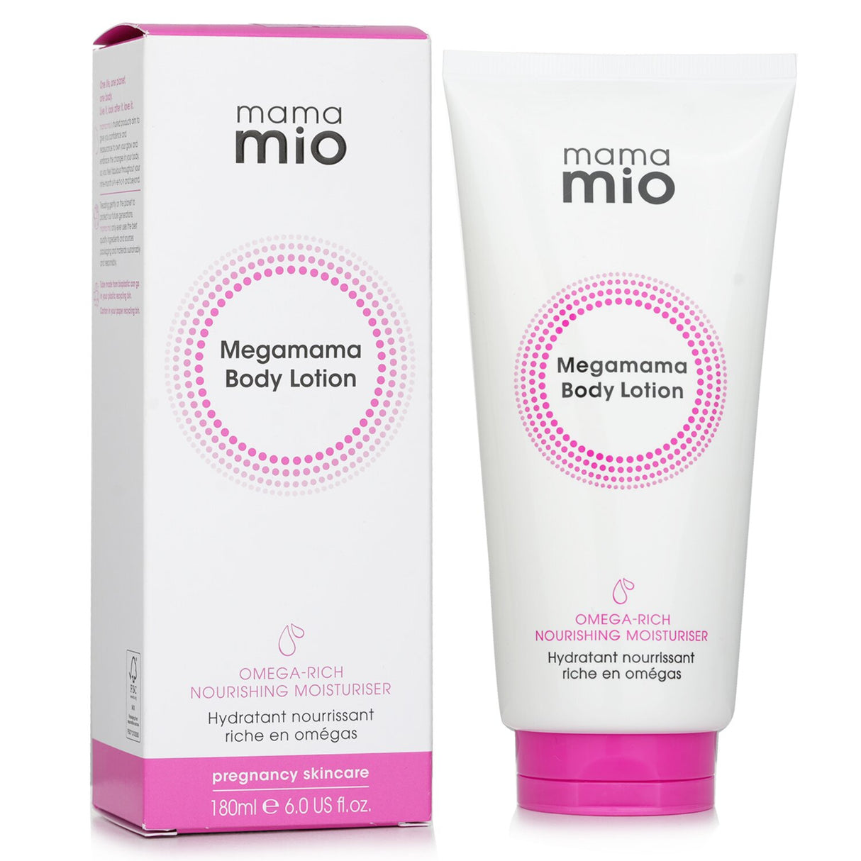 Mama Mio Megamama Body Lotion in a 180ml bottle, omega-rich moisturizer for pregnant and postpartum skin, infused with oils.