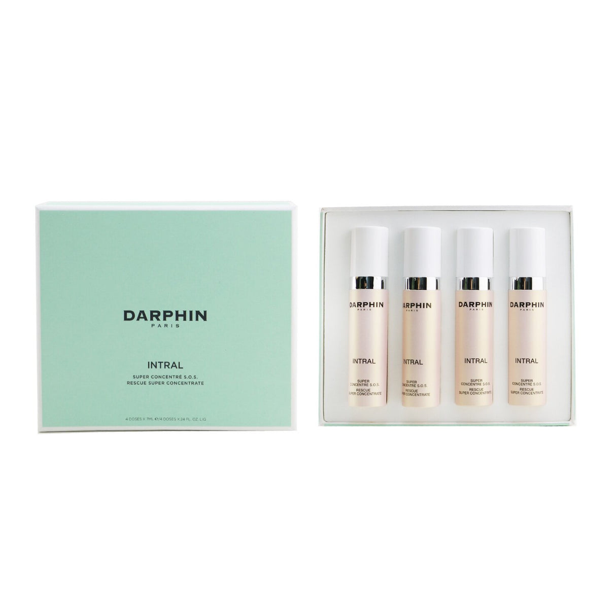 Darphin Intral Rescue Super Concentrate, 4-pack of calming facial serum, natural ingredients for reducing redness and soothing irritation.