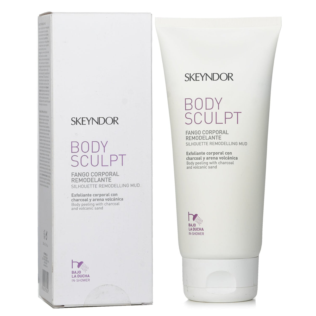 SKEYNDOR Body Sculpt Peeling with charcoal and volcanic sand, 200ml, revitalizes skin with deep cleansing and exfoliation.
