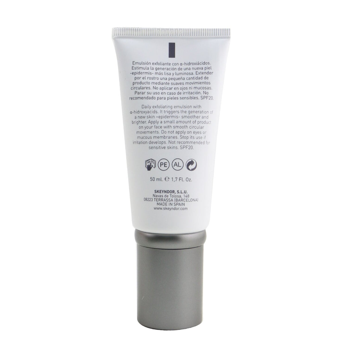 SKEYNDOR Derma Peel Pro emulsion, 8% exfoliation, SPF 20, hydrates and revitalizes normal to combination skin.