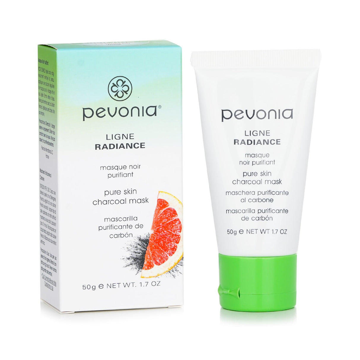 Pevonia Botanica Radiance Charcoal Mask in a 50ml tube, brightens and detoxifies skin for a smooth, glowing complexion.