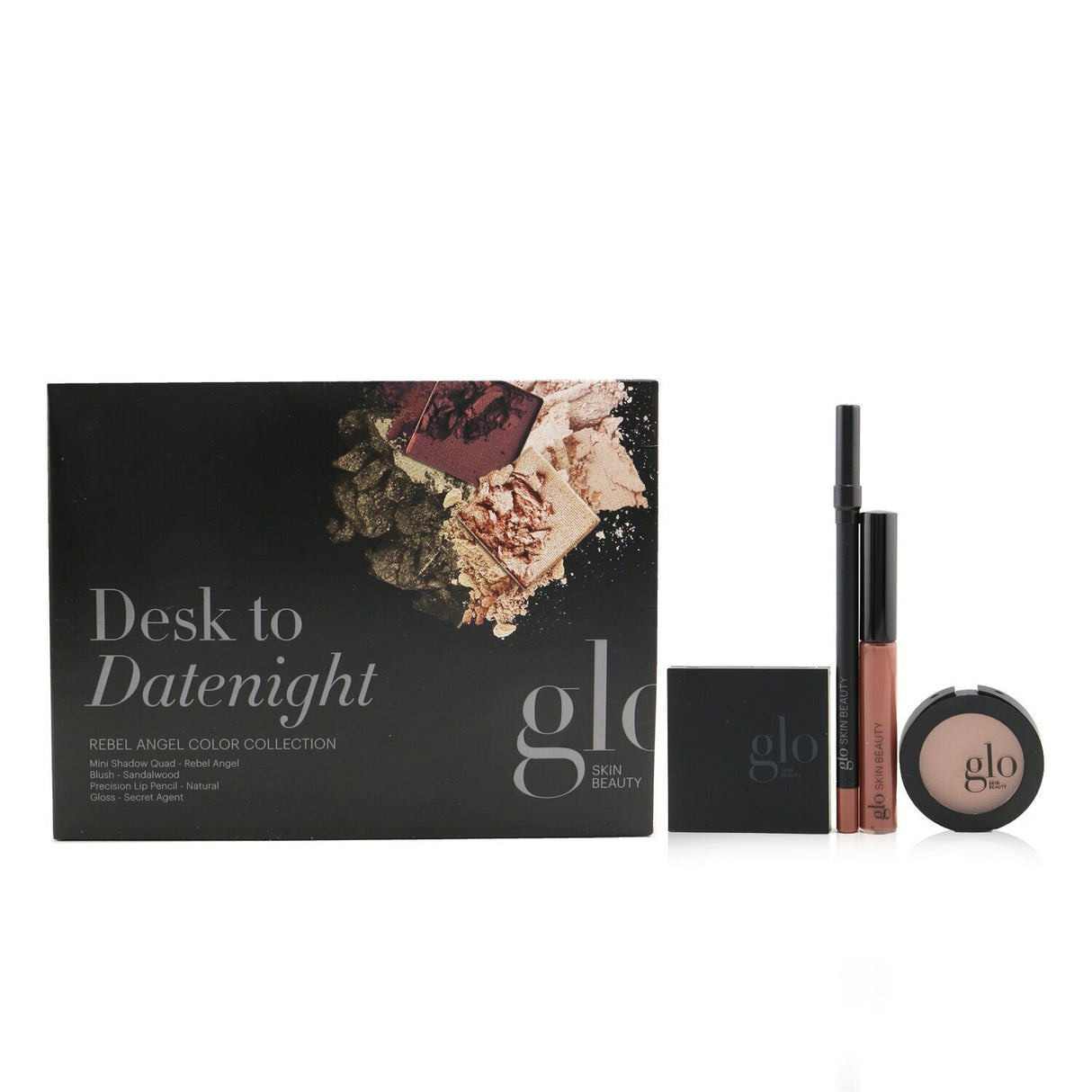 Glo Skin Beauty Desk to Datenight kit featuring mini shadow quad, blush, lip pencil, and gloss for seamless day-to-night looks.