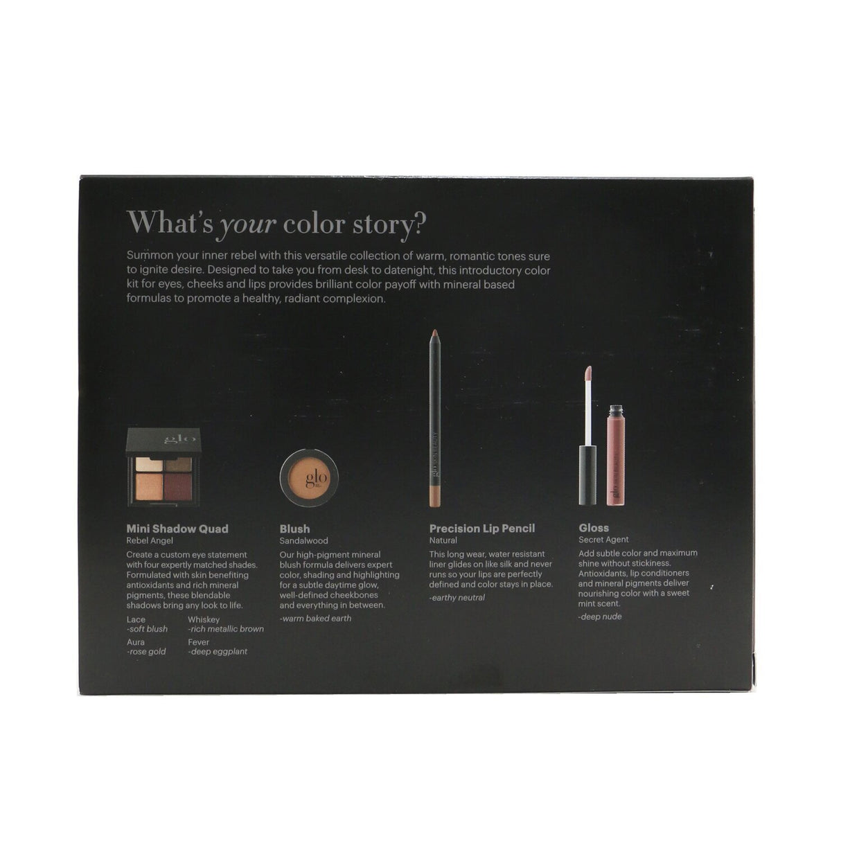 Glo Skin Beauty Desk to Datenight kit featuring a Mini Shadow Quad, Blush, Lip Pencil, and Lip Gloss in #Rebel Angel.