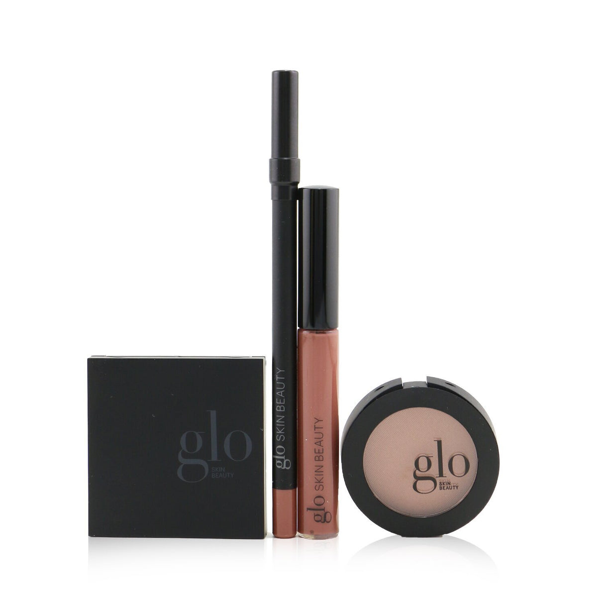 Glo Skin Beauty Desk to Datenight kit featuring Mini Shadow Quad, Blush, Lip Pencil, and Lip Gloss for versatile makeup looks.
