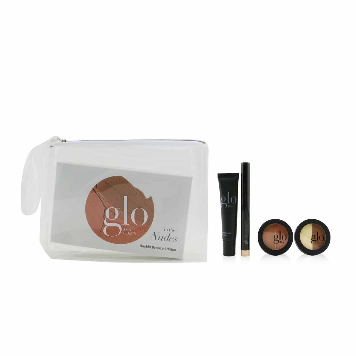 Glo Skin Beauty In The Nudes collection featuring shadow stick, blush duo, eye shadow duo, and lip balm for versatile looks.