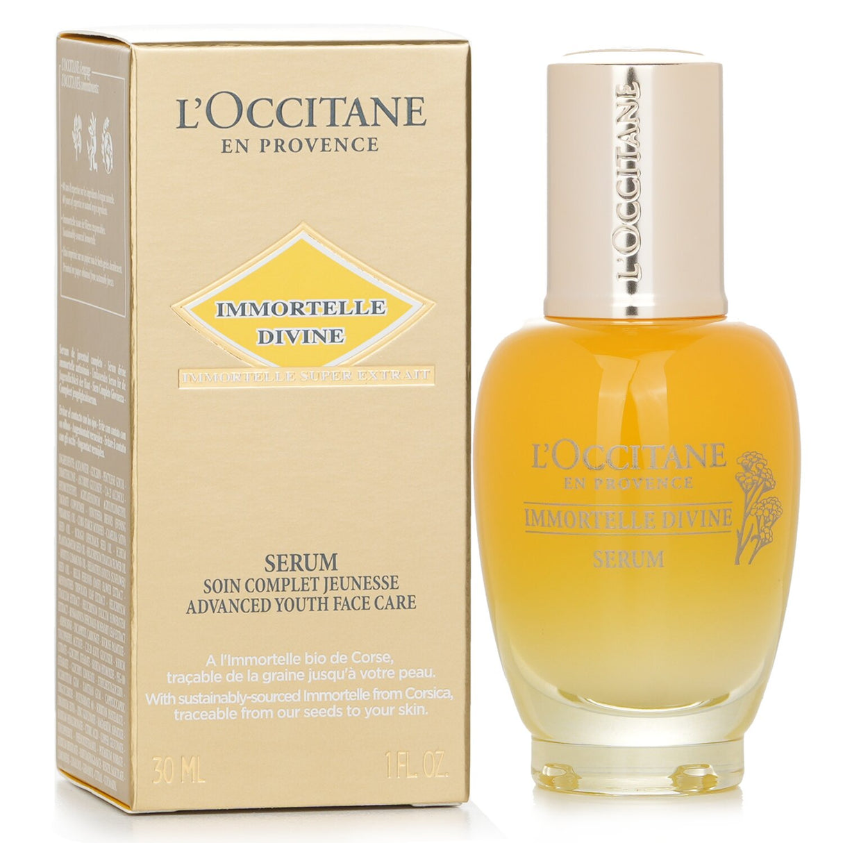 L'Occitane Immortelle Divine Serum in a 30ml bottle, enriched with immortelle oil to rejuvenate and enhance youthful skin.