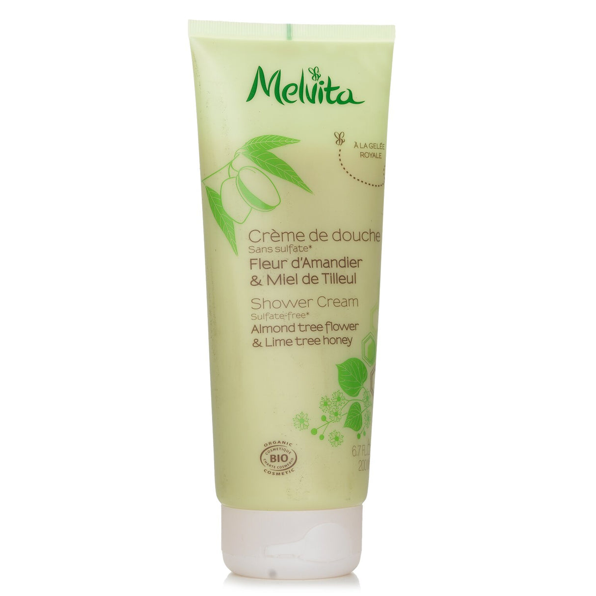 Melvita Almond Tree Flower & Lime Tree Honey Shower Cream, 200ml, nourishing, sulfate-free formula for sensitive skin.