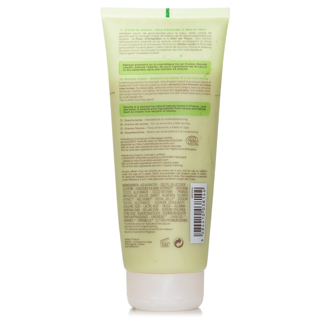 Melvita Almond Tree Flower & Lime Tree Honey Shower Cream, 200ml, features a luxurious almond scent and creamy texture for gentle cleansing.