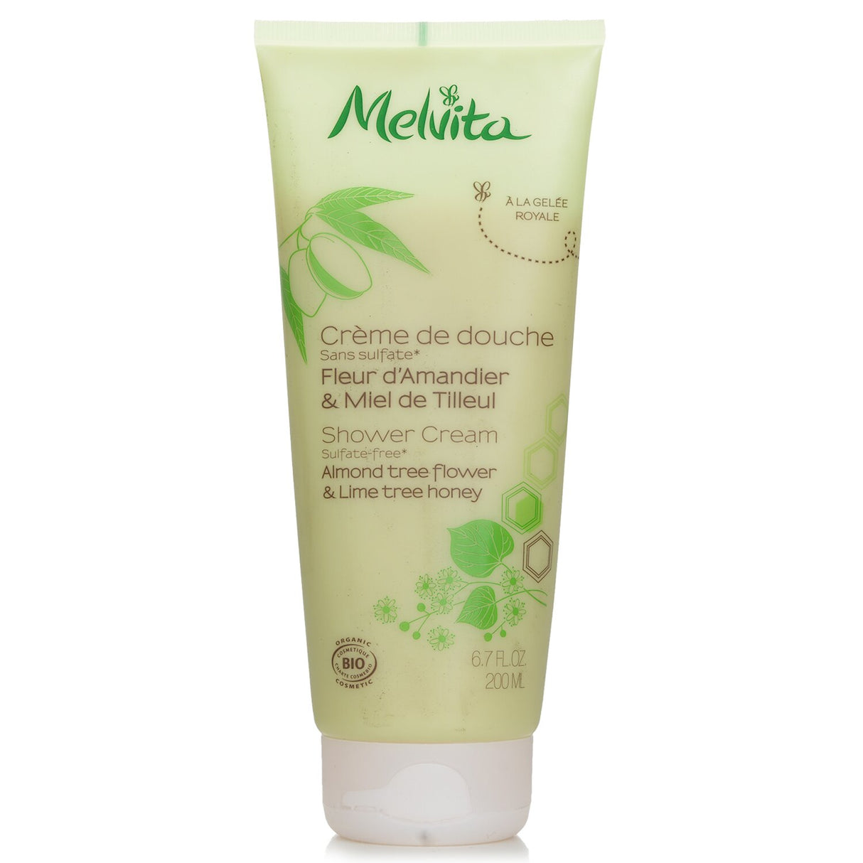 Melvita Almond Tree Flower & Lime Tree Honey Shower Cream, 200ml, featuring a creamy texture and almondy scent for gentle cleansing.