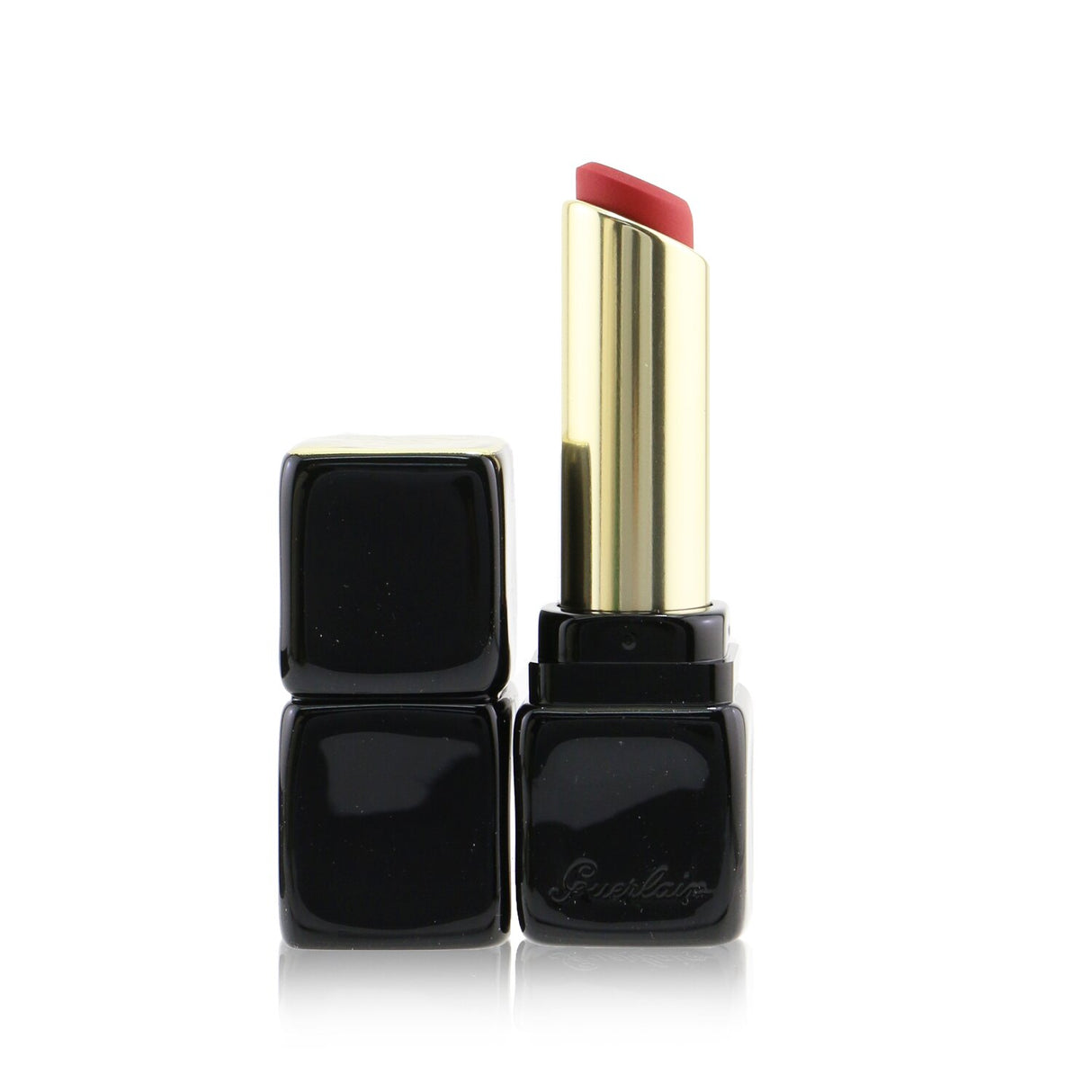 Guerlain Kisskiss Tender Matte Lipstick in Wanted Red, featuring a smooth, long-lasting matte finish and hydrating formula.
