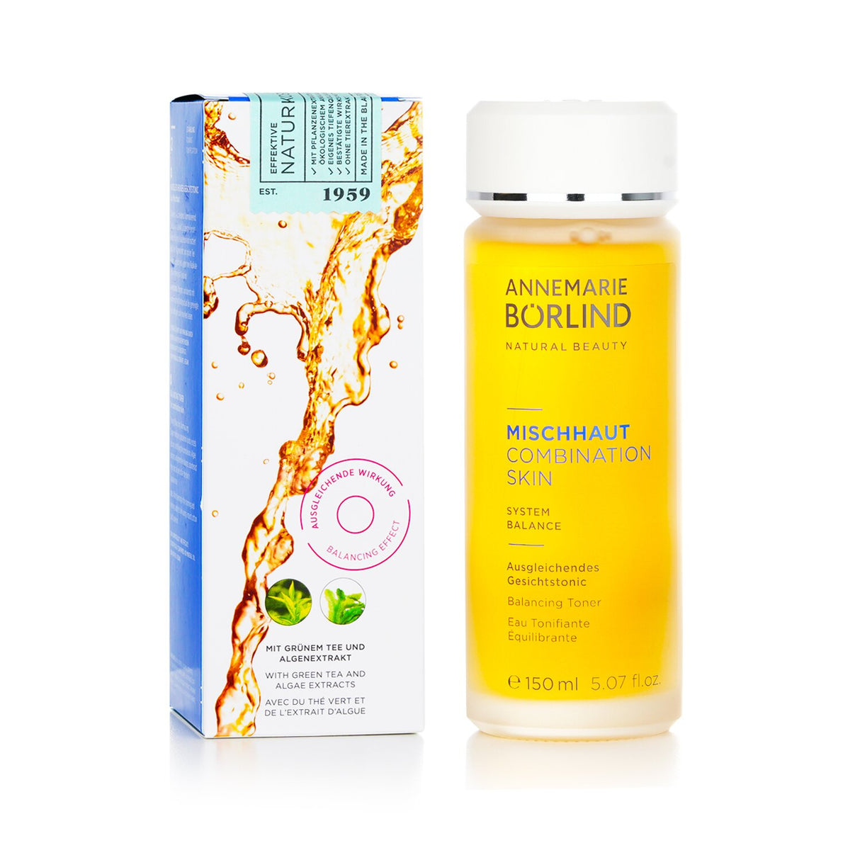 Balancing toner for combination skin, enriched with cyclodextrin, algae, and green tea for a radiant, matte complexion.