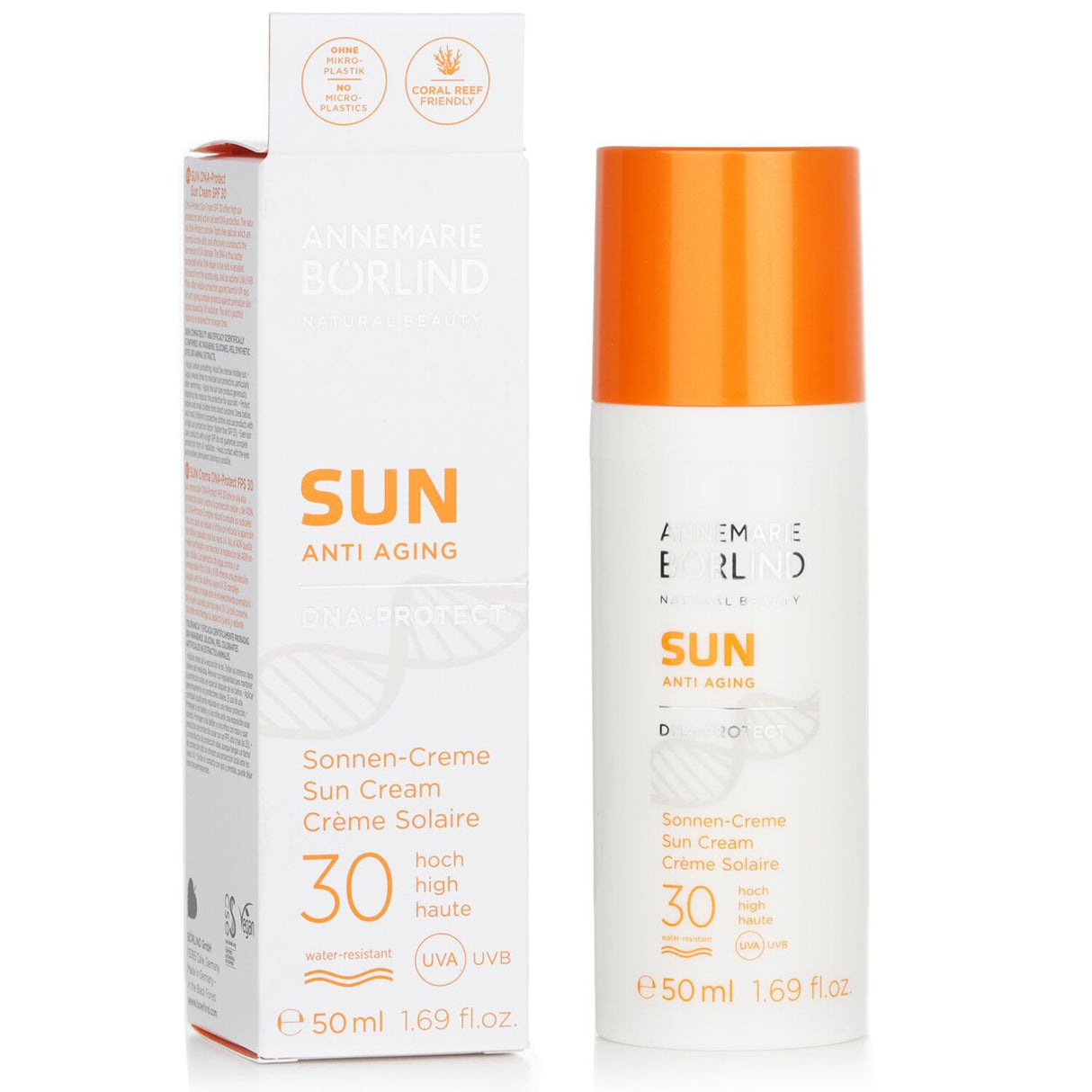 Annemarie Borlind's Sun Anti Aging DNA-Protect Sun Cream SPF 30, a vegan sunscreen that nourishes and protects against UV damage.