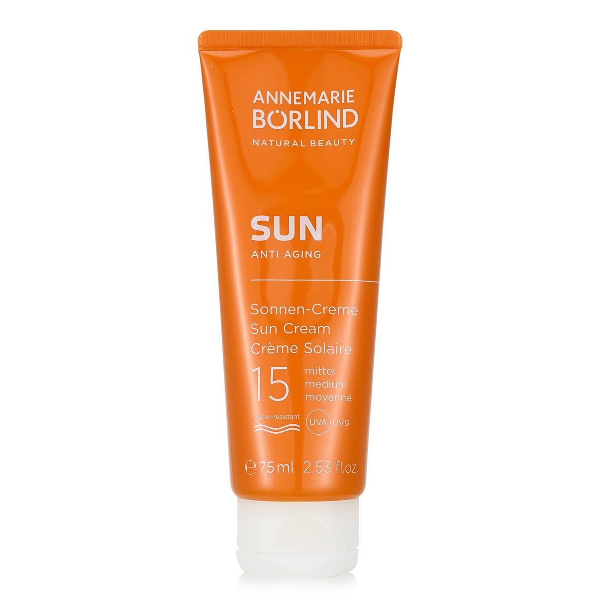 Annemarie Borlind SPF 15 anti-aging sun cream in a 75ml tube, offering hydration and protection against UVA/UVB rays.